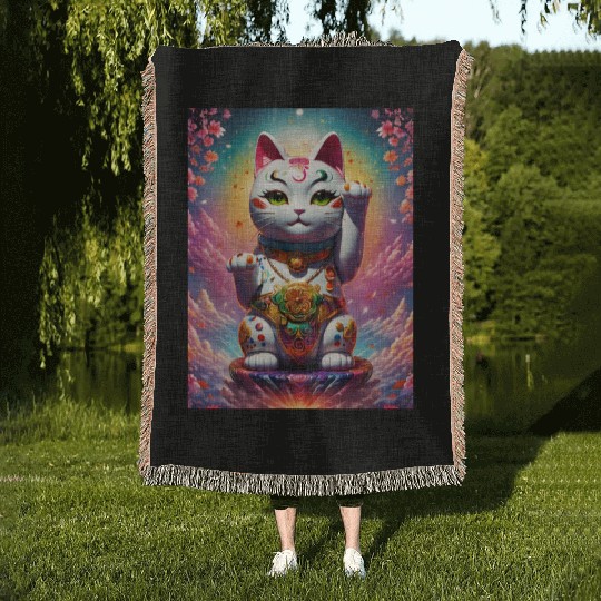 Maneki neko lucky cat Woven Blankets