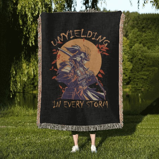 Unyielding In Every Storm Japanese Warrior Samurai Woven Blankets