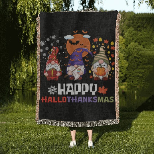 Happy Hallothanksmas Halloween Thanksgiving Woven Blankets