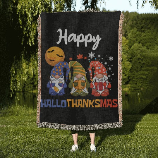 Happy Hallothanksmas Halloween Thanksgiving Gnome Woven Blankets