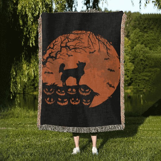 Long Haired Chihuahua And Moon Halloween Dog Lover Woven Blankets