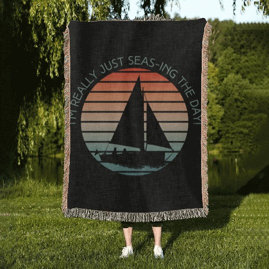 Seas-ing the Day Retro Sailing Sunset Design Woven Blankets