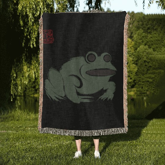 Grumpy Frog Illustration - Funny Animal Art Woven Blankets