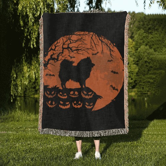 American Eskimo And Moon Halloween Dog Lover Gift Woven Blankets