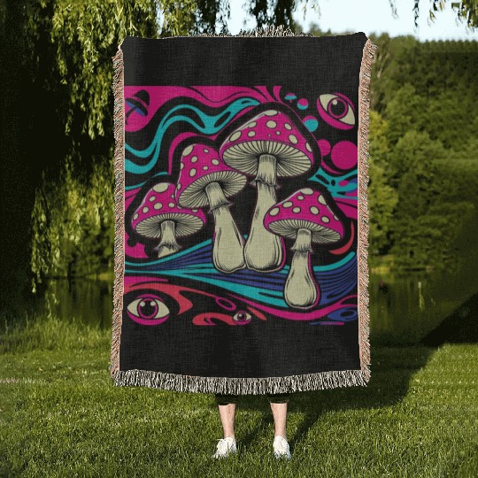 Psychedelic Shrooms: Neon Fungi Fantasy Woven Blankets