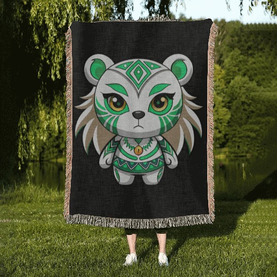 A white teddy bear girl with green tribal makeup Woven Blankets