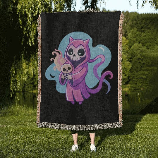 skeletal figure, violet pink robe, lavender puppy Woven Blankets