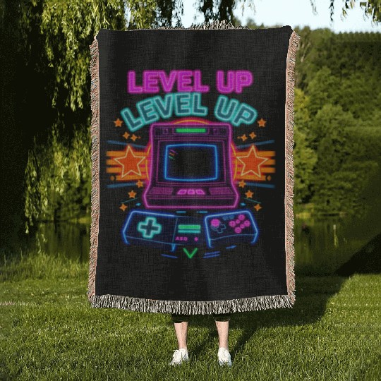 Neon Arcade Glory: Level Up Woven Blankets