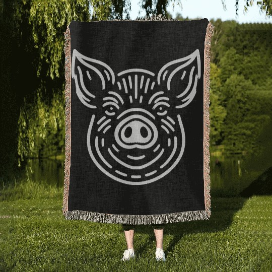 Pig face pigs vector farm animal path17 Woven Blankets