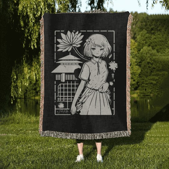 Japan: Sakura Girl Cartoon Woven Blankets