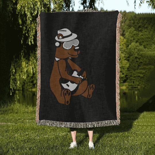 Cool Sitting Grizzly Brown Bear Playing Guitar Fun Woven Blankets