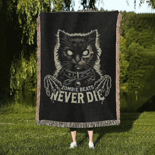 Horror Cat Zombie Never Die Skull Halloween Lover Woven Blankets