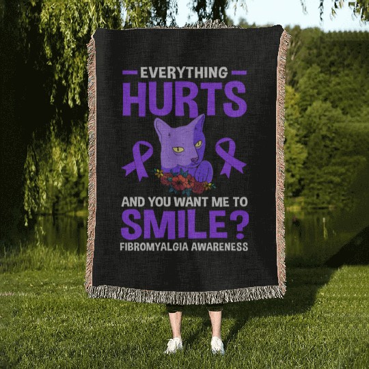Everything Hurts Cat Purple Ribbon Fibro Awareness Woven Blankets