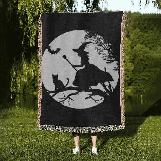 Halloween Witch with Cat and Bat Design Woven Blankets