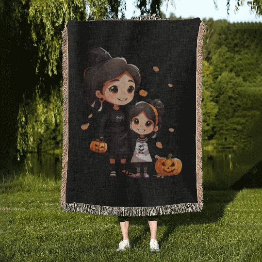 Mother and Daughter Halloween Trick-or-Treat Fun Woven Blankets