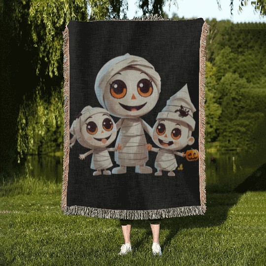 Adorable Mummy Family Halloween Trick-or-Treat Fun Woven Blankets