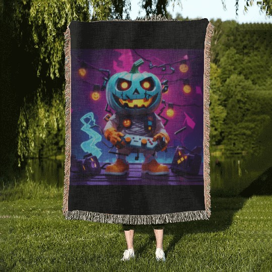 Pumpkin Gamer Halloween Neon Vibes Fun Design Woven Blankets