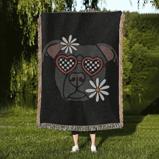 Pitbull Black retro Dog Woven Blankets