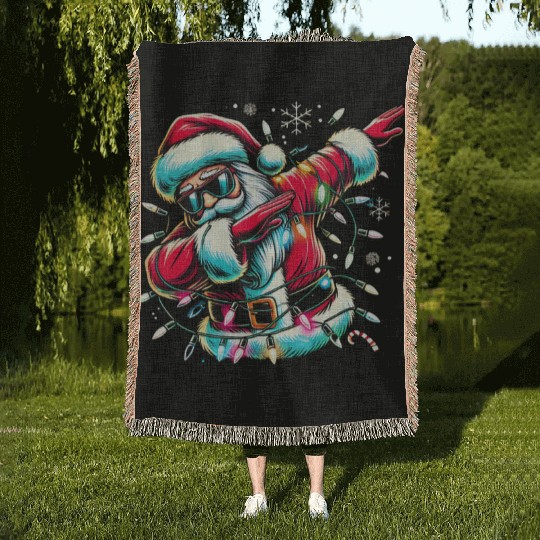 Dabbing Santa with Christmas Lights and Snowflakes Woven Blankets
