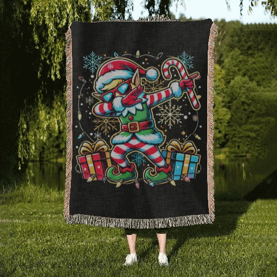 Dabbing Elf with Candy Cane and Presents Woven Blankets