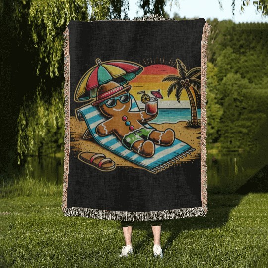Gingerbread Man Relaxing on the Beach Woven Blankets