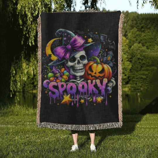 Halloween Spooky Season Witch Skeleton Woven Blankets