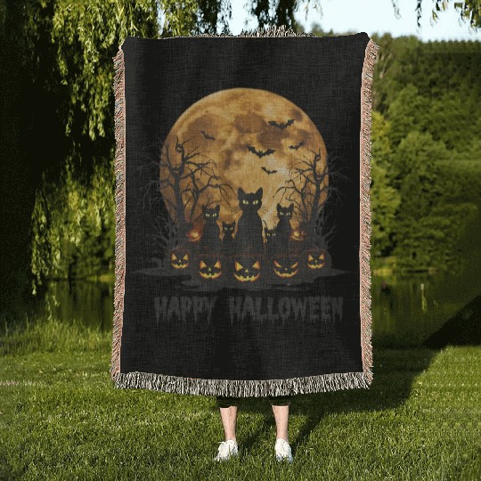Midnight Cats: Spooky Halloween Night Woven Blankets