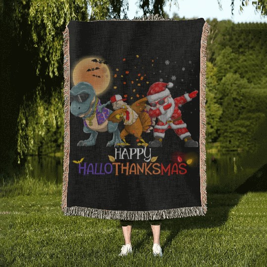 Dabbing Dinosaur Turkey Santa Claus Hallothanksmas Woven Blankets