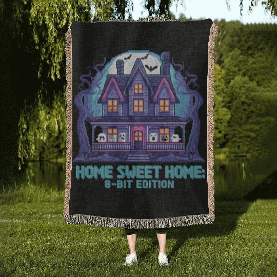 8 Bit Haunted House 01 Woven Blankets