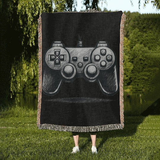 Gamer Controller Cartoon Charcoal Gaming Art Woven Blankets