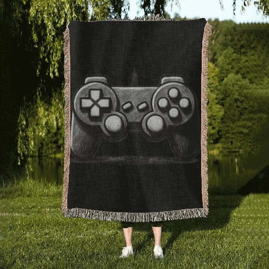 Gamer Controller Cartoon Charcoal Gaming Art 1 Woven Blankets