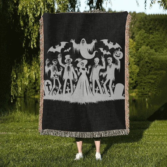 Fun Halloween Party With Zombies And Ghosts Woven Blankets