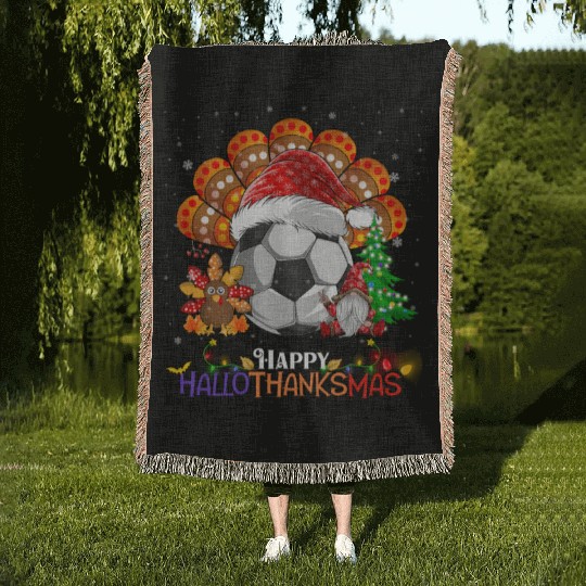Soccer Turkey Gnome Happy Hallothanksmas Woven Blankets