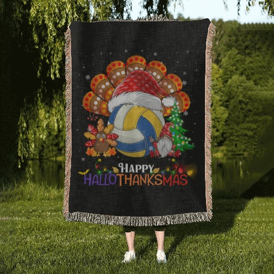 Volleyball Turkey Gnome Happy Hallothanksmas Woven Blankets