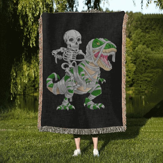 Skeleton Riding Mummy Dinosaur T rex Halloween Woven Blankets