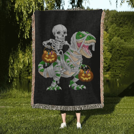 Skeleton Riding Mummy Dinosaur T rex Halloween Woven Blankets