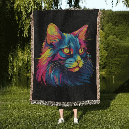 Cat Watercolor Colorful Maine Cat Woven Blankets
