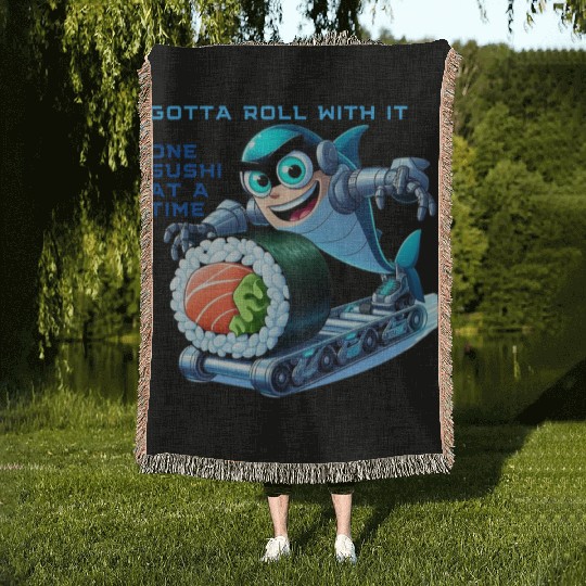 funny shark cyborg cyberpunk rolling sushi Woven Blankets