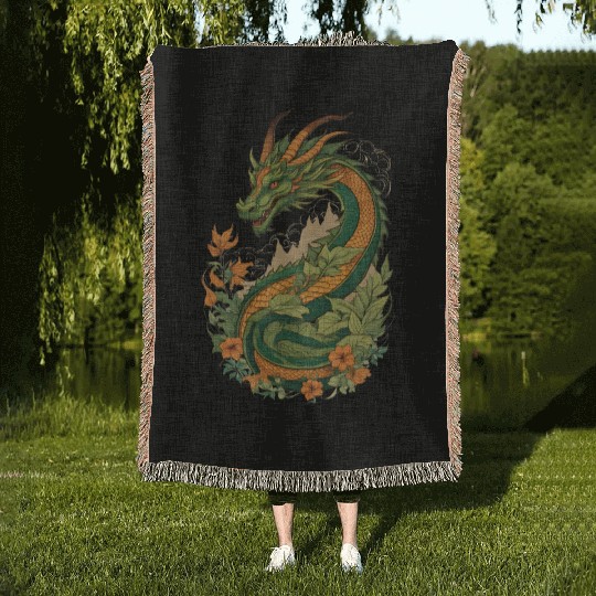 Mystical dragon garden Woven Blankets