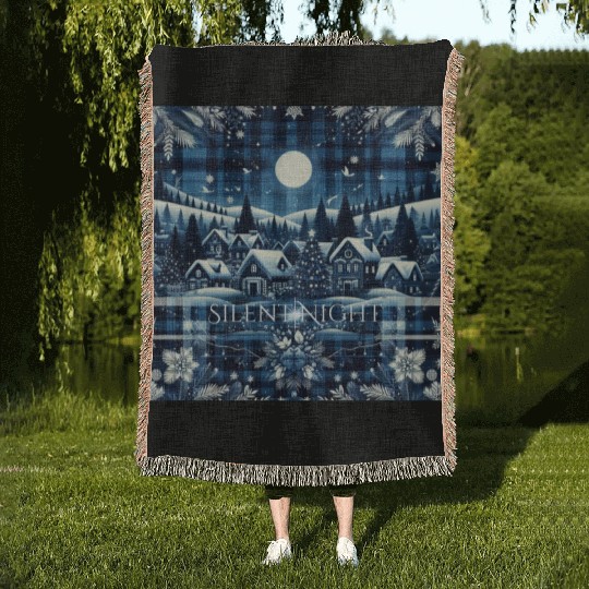 flannel silent night blue and white christmas Woven Blankets