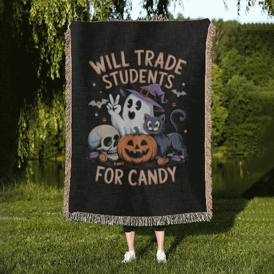 Cute Halloween Black Cat Pumpkin Ghost Humor Woven Blankets