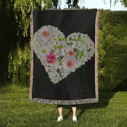 heart of flowers blossoms daisy tulip pink peony Woven Blankets
