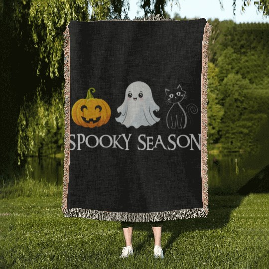 Spooky Season Halloween Pumpkin Cute Cat Paw Ghost Woven Blankets