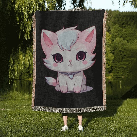 Anime kawaii kitty, cute cat and neko Woven Blankets