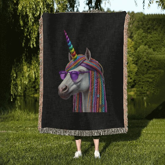 Rainbow Unicorn with Braids and Sunglasses Swag Woven Blankets