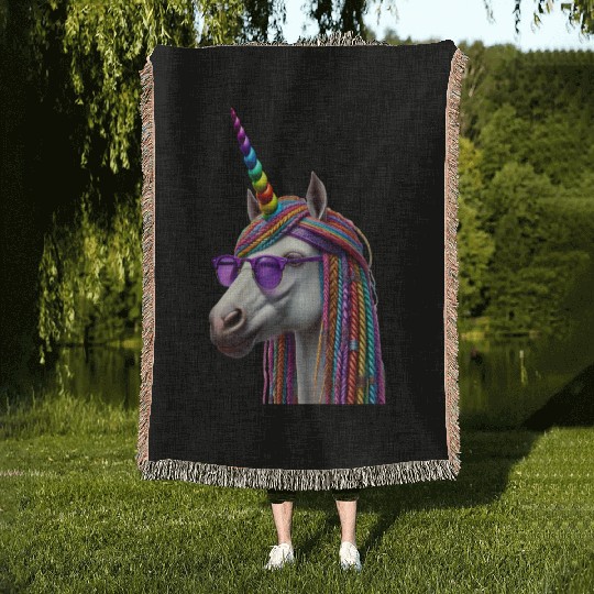 Rainbow Unicorn with Braids and Sunglasses Swag Woven Blankets