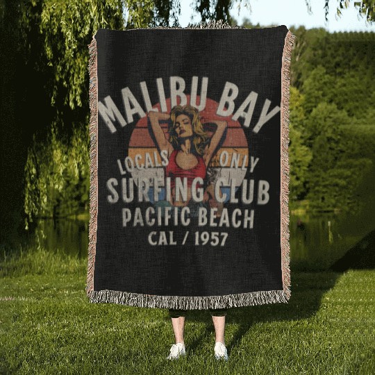 Malibu Bay Surfer Club Vintage Design Woven Blankets