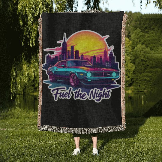 Cyberpunk Muscle Car Woven Blankets