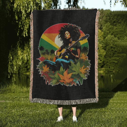 Rastafarian guitar player in reggae style Woven Blankets