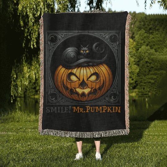 SMILE Mr PUMPKIN Halloween design Woven Blankets